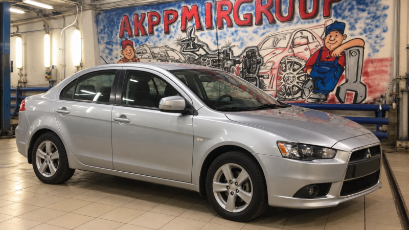 Серебристый Mitsubishi Lancer X в автосервисе по ремонту вариаторов