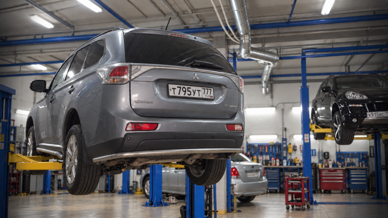 Серебристый Mitsubishi Outlander на подъёмнике в автосервисе